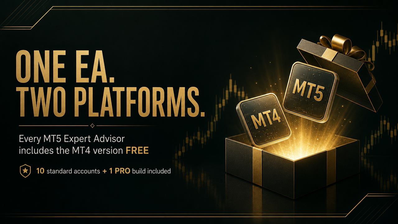 🎁 Buy any MT5 Expert Advisor — get the MT4 version FREE. Same strategy. Same file. Two platforms.
One price. No hidden fees.
Just pick your EA and trade. 👉 https://www.mql5.com/en/users/vitalvasa
Why choose between MT4 and MT5?
At EA Quantum Lab, every MT5 Expert Advisor now comes with a FREE MT4 version — automatically included with your purchase.
You get the same battle-tested algorithm, the same updates, and the same support on both platforms. Activate up to 10 standard accounts + 1 PRO build per EA.
Perfect if you run multiple accounts, prop firms, or just prefer MetaTrader 4. 🔥
#ea #mql5 #mql4 #mt4 #mt5 #gold #xauusd #eurusd #gbpusd