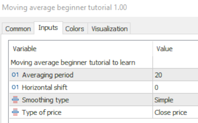 Moving average beginner tutorial - Tab Inputs