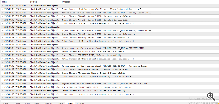 THE LOG OF THE SCRIPT (Code To Check And Delete Chart Objects For MT5)