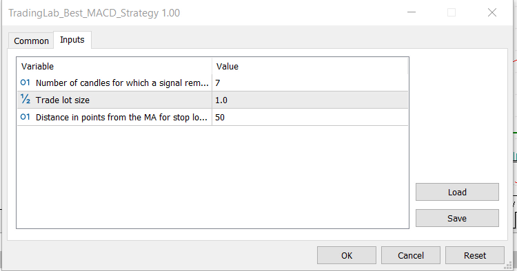 Input parameters of the EA
