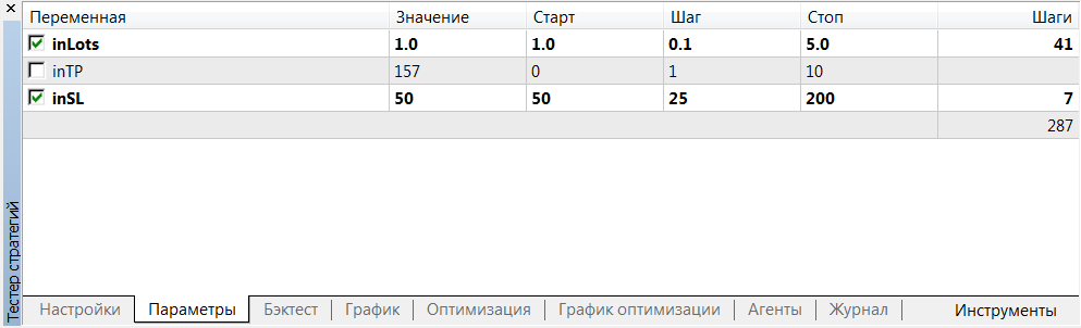 Входные параметры для Оптимизации.