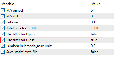 Параметры тестирования советника Moving Average с фильтром закрытия сделок L1 Close Filter