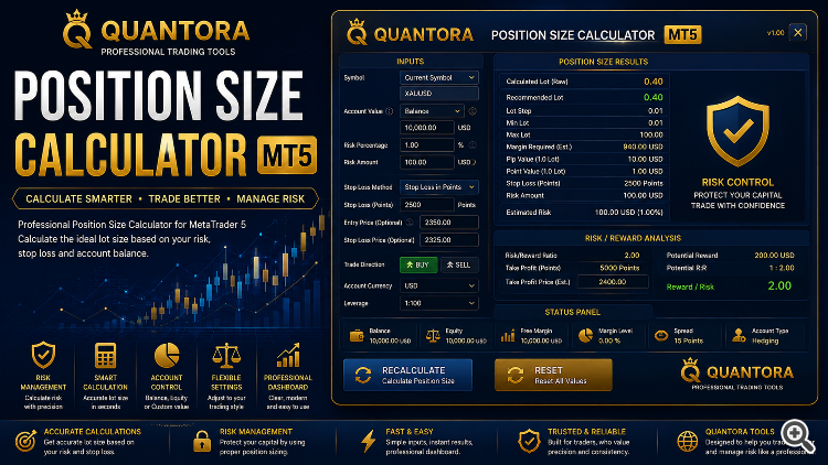 Professional open-source Position Size Calculator for MetaTrader 5. Calculates broker-compatible lot size using account value, risk percentage, fixed risk amount and Stop Loss distance. Professional open-source Position Size Calculator for MetaTrader 5. Calculates broker-compatible lot size using account value, risk percentage, fixed risk amount and Stop Loss distance.