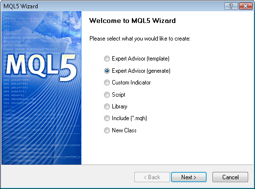 Fig. 4. Creazione dell' Expert Advisor usando MQL5 Wizard