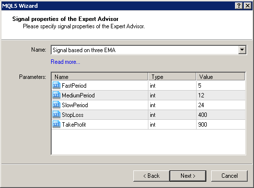 Figura 2. Seleccionar "Signals based on three EMA" en MQL5 Wizard Figura 2. Seleccionar "Signals based on three EMA" en MQL5 Wizard