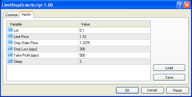 Limit Stop Orders parameters Limit Stop Orders parameters