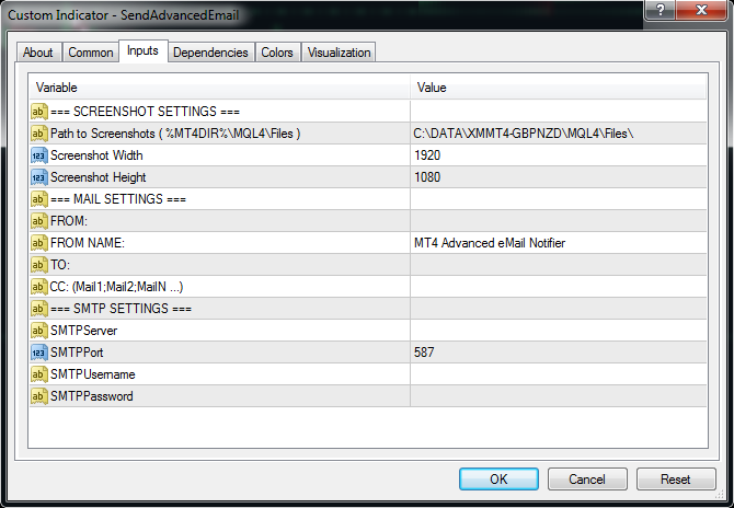 Indicator settings