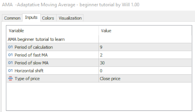 AMA Adaptative Moving Average beginner tutorial - Inputs AMA Adaptative Moving Average beginner tutorial - Inputs
