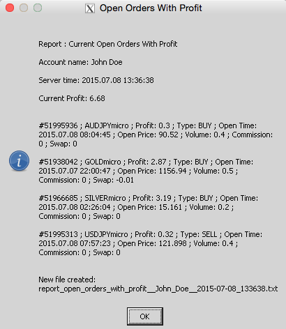 Screenshot des Skripts "Check Current Orders With Profit v1.00". Screenshot des Skripts "Check Current Orders With Profit v1.00".