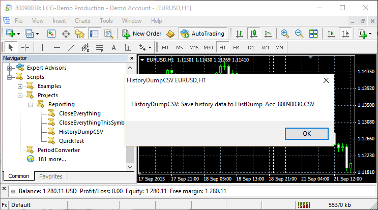 Drag script onto any chart. Popup confirms the output filename.