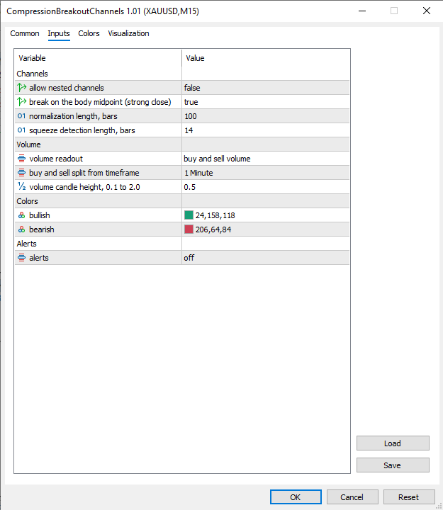 Inputs window: ten settings in four groups