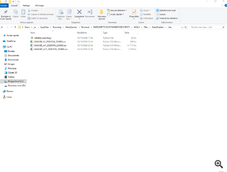 Your three CSV files are ready. In the terminal: File → Open Data Folder → MQL5 → Files → DataGrabber → Lite. Files are named SYMBOL_TIMEFRAME_YYYYMMDD_HHMMSS.csv, e.g. XAUUSD_M1_20261016_220400.csv Your three CSV files are ready. In the terminal: File → Open Data Folder → MQL5 → Files → DataGrabber → Lite. Files are named SYMBOL_TIMEFRAME_YYYYMMDD_HHMMSS.csv, e.g. XAUUSD_M1_20261016_220400.csv