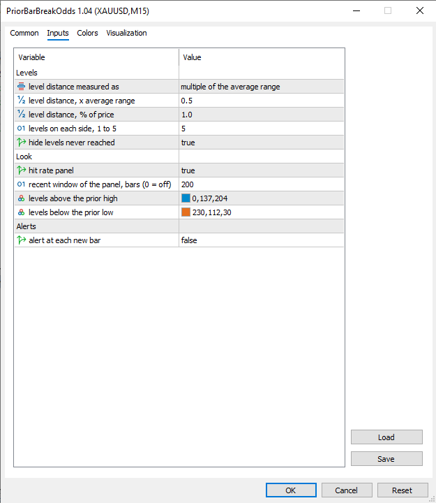 Inputs window: nine settings in three groups Inputs window: nine settings in three groups