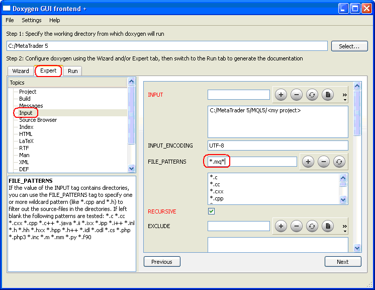 Настройка Doxygen - добавляем типы файлов mqh и mq5