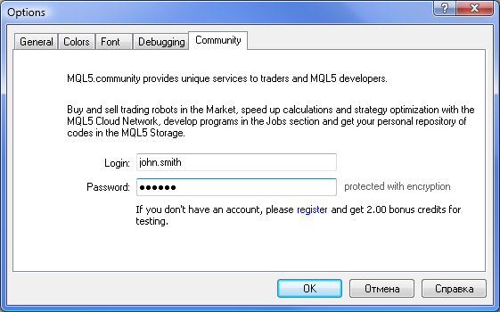 Log in to MQL5.community in MetaEditor options