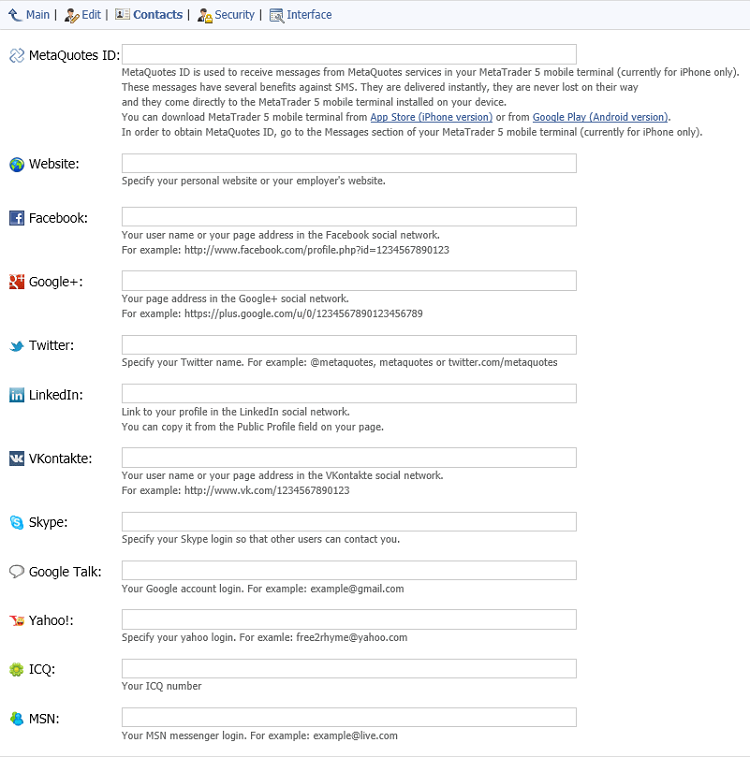 Contacts utilisateur de MQL5.community