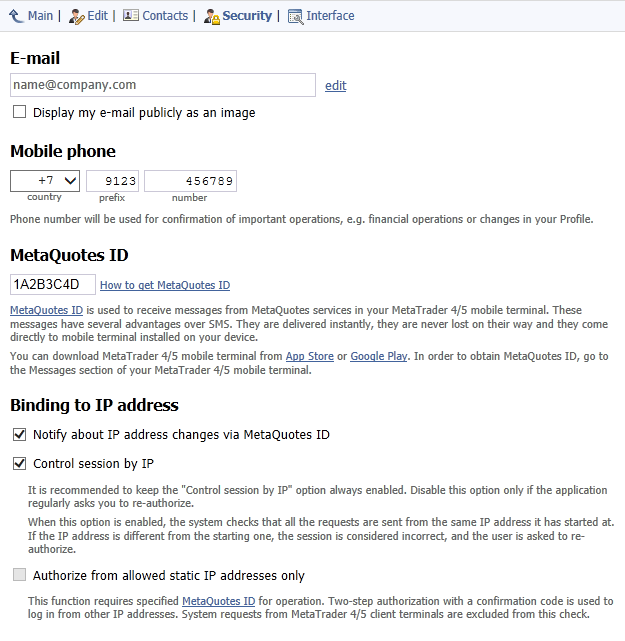 Impostazioni di sicurezza del profilo MQL5.community