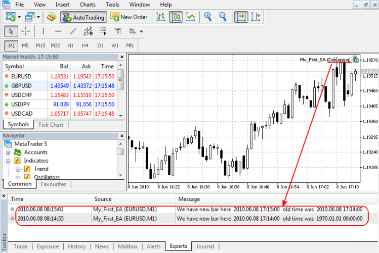 Figure 26. Expert Advisor imprime le message en mode Debug