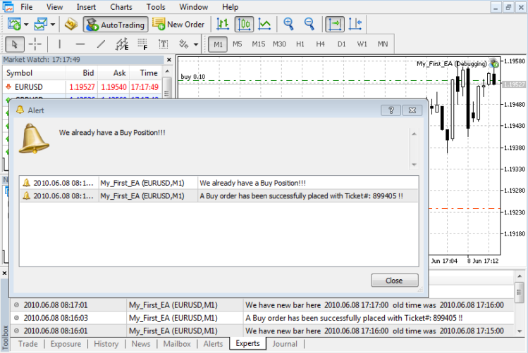 Abb. 27 Expert Advisor platziert einen Handel während Debugging