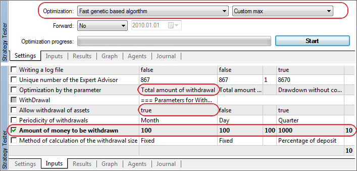 The parameter of the Expert Advisor with optimization and withdrawals enabled