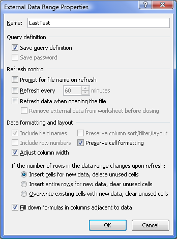 Figura 8. Propiedades de alcance de los datos externos al importar datos de archivos de texto en Excel 2010.