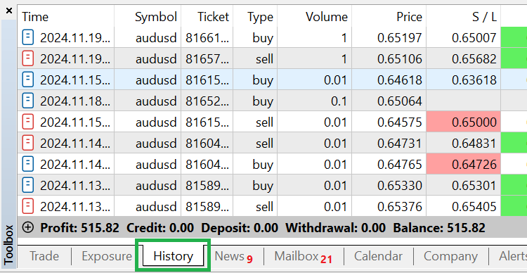 MetaTrader 5 Toolbox History Tab