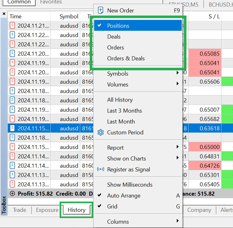 MetaTrader 5 Toolbox History Tab - Positions History Selecting