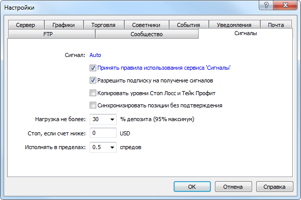 Настройки торговых сигналов в MetaTrader 5