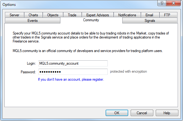 トレーディングターミナルで MQL5.community への接続を構成します。