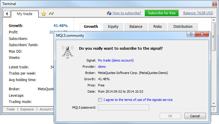 Subscribing to signals from the trading terminal