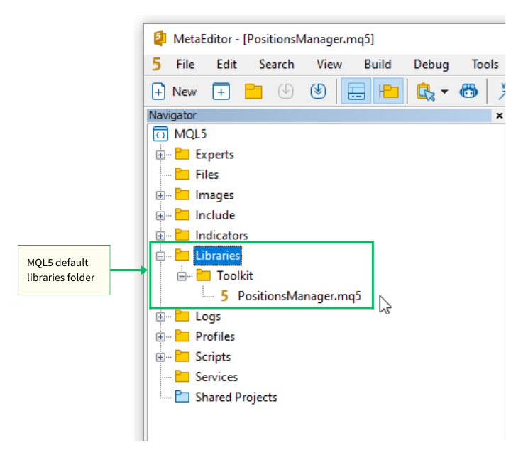 MetaEditor 导航面板中的 MQL5 默认库文件夹