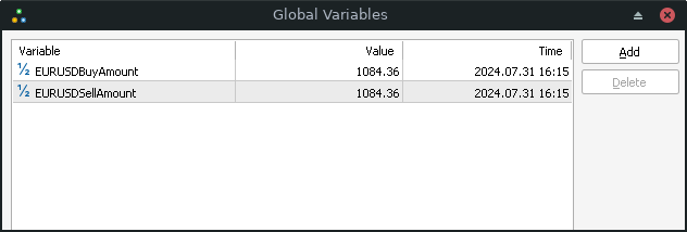 Fenster mit einer Liste globaler Terminalvariablen