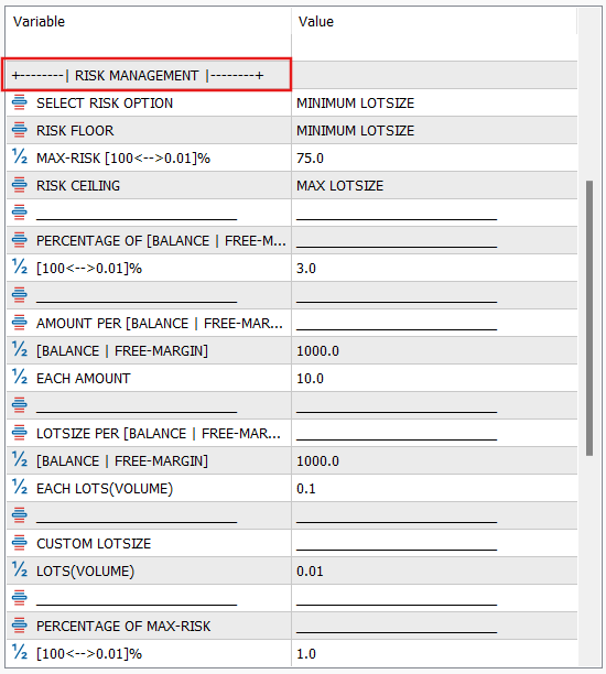 风险管理（RISK MANAGEMENT）输入参数选项