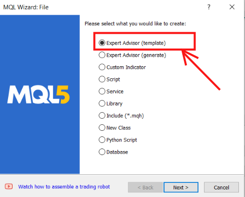Lançar um modelo de EA no MetaEditor