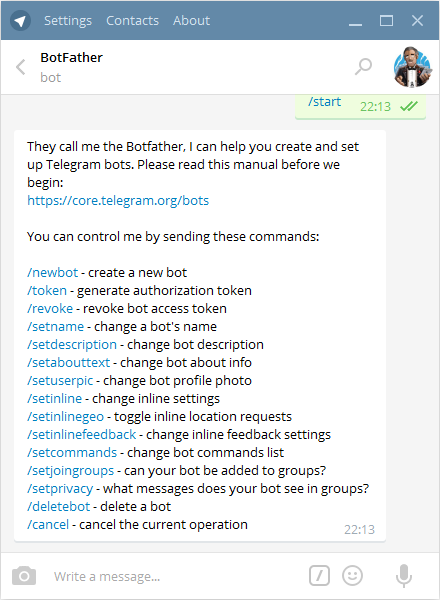 List of @BotFather commands