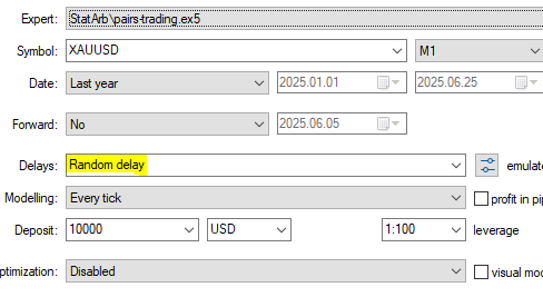 Fig 4 - Metatrader 5 Tester settings with simulated delay 
