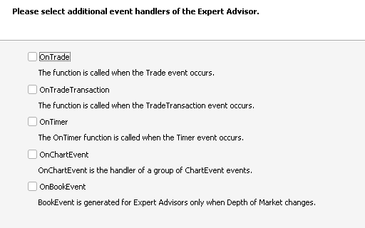 Creating an Expert Advisor - third screen of the Wizard