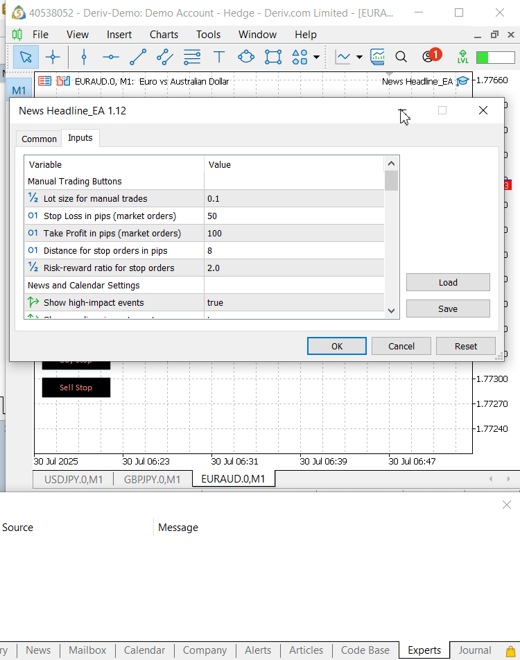 Presentation of an integrated News Headline EA with manual trading button interface.