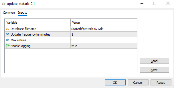 Fig. 3 - Metatrader 5 Dialog for Database Update Service input parameters