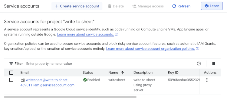 service account page with create button