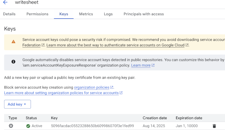 service accounts key id creation