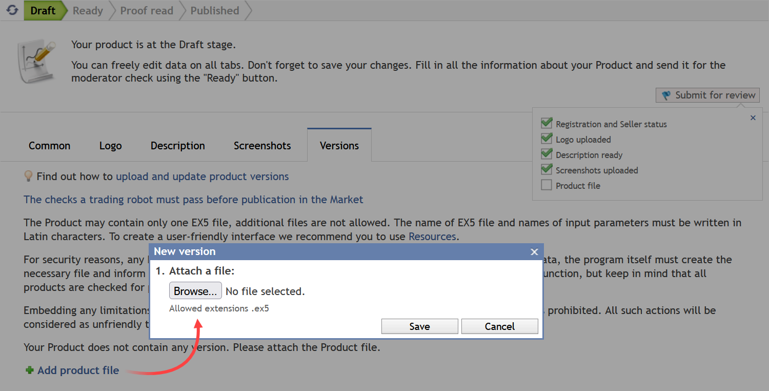 Carica il file del tuo programma nella sezione Versioni Carica il file del tuo programma nella sezione Versioni