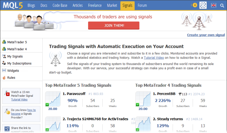 MQL5.com'daki MetaTrader 4 ve MetaTrader 5 Alım Satım Sinyalleri Listesi