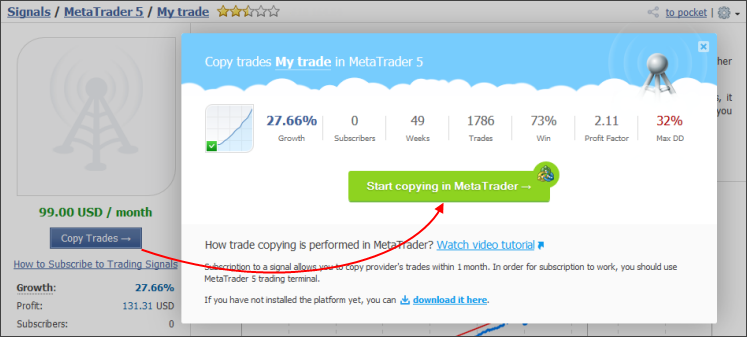 MetaTrader 4 または MetaTrader 5 トレードシグナルの定期購買