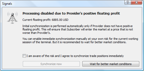 La confirmation de la synchronisation initiale du signal de trading