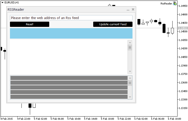 Abb. 2 Screenshot des leeren Anwendungsdialogs des RssReader Expert Advisor