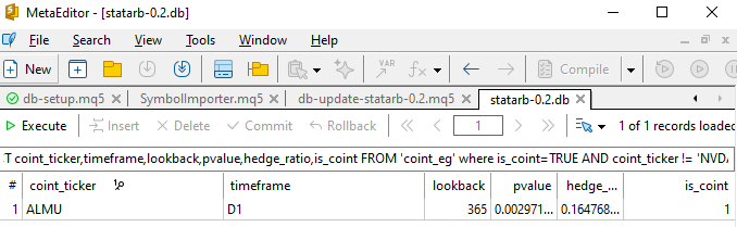 Fig. 16 - Metaeditor database interface showing the ‘coint_eg’ table fields with one NVDA cointegrated stock (ALMU)