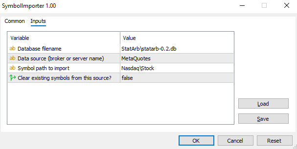 Fig. 4 - Metatrader 5 SymbolImporter dialog with params