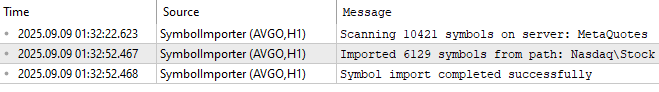 Fig. 5 - Metatrader 5 Experts tab showing SymbolImport log after successful imports