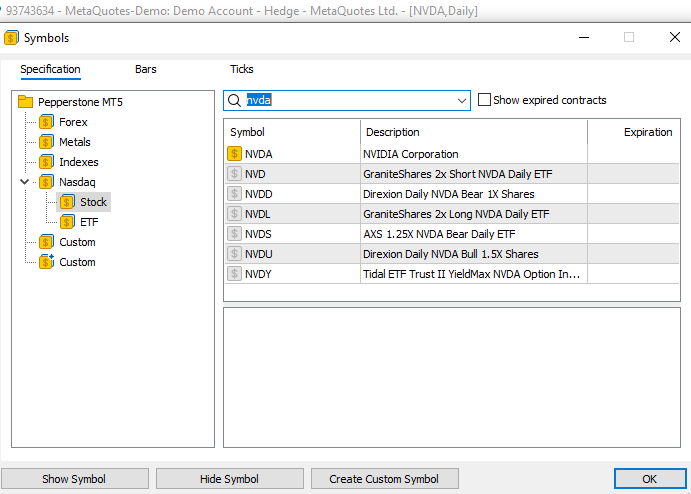 Fig. 2 - Metatrader 5 Symbols window with the Nasdaq/Stock path highlighted